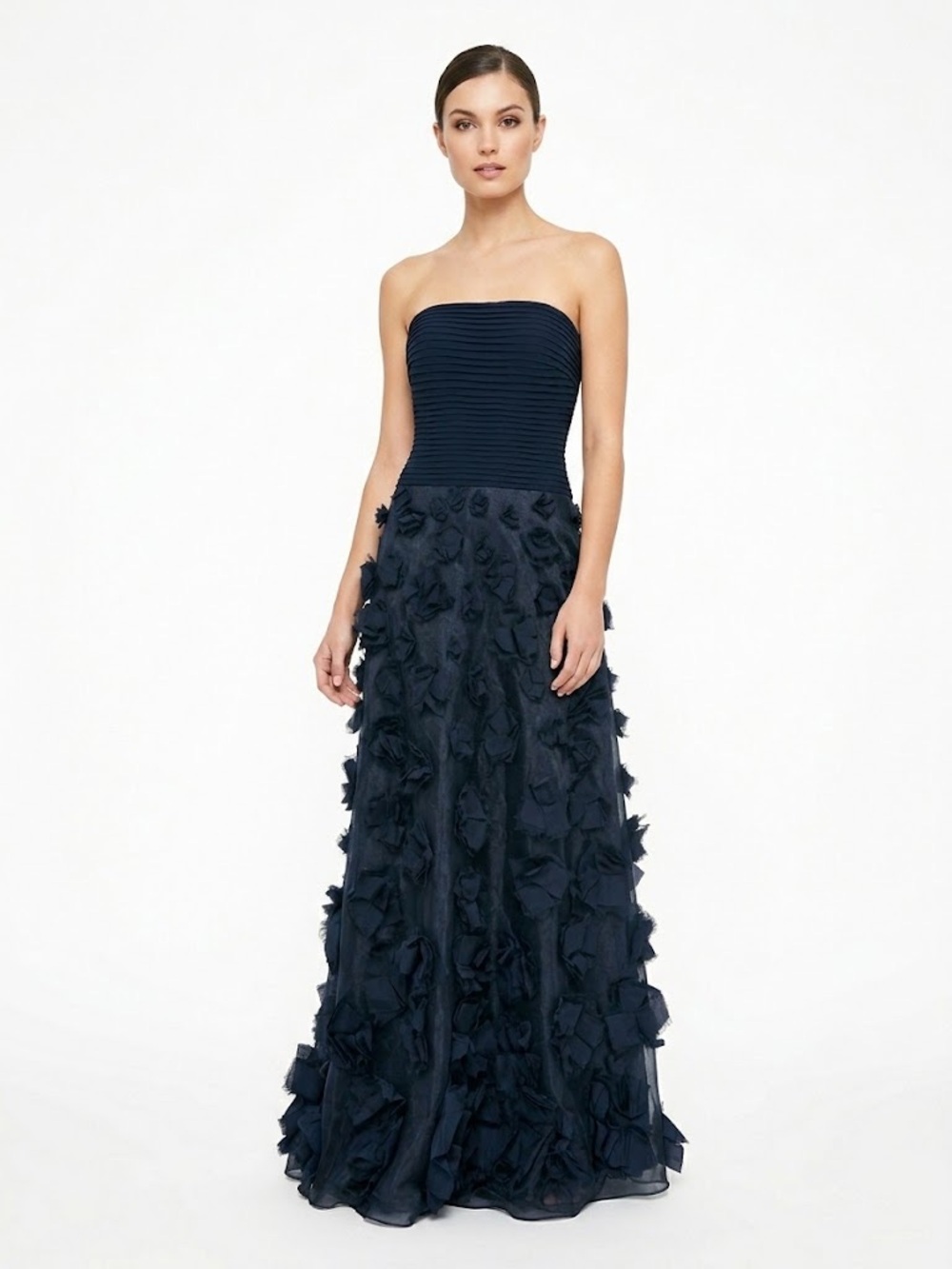 Tadashi Shoji Navy Blue Pleated Strapless Textured Maxi Dress Formal Gown 16